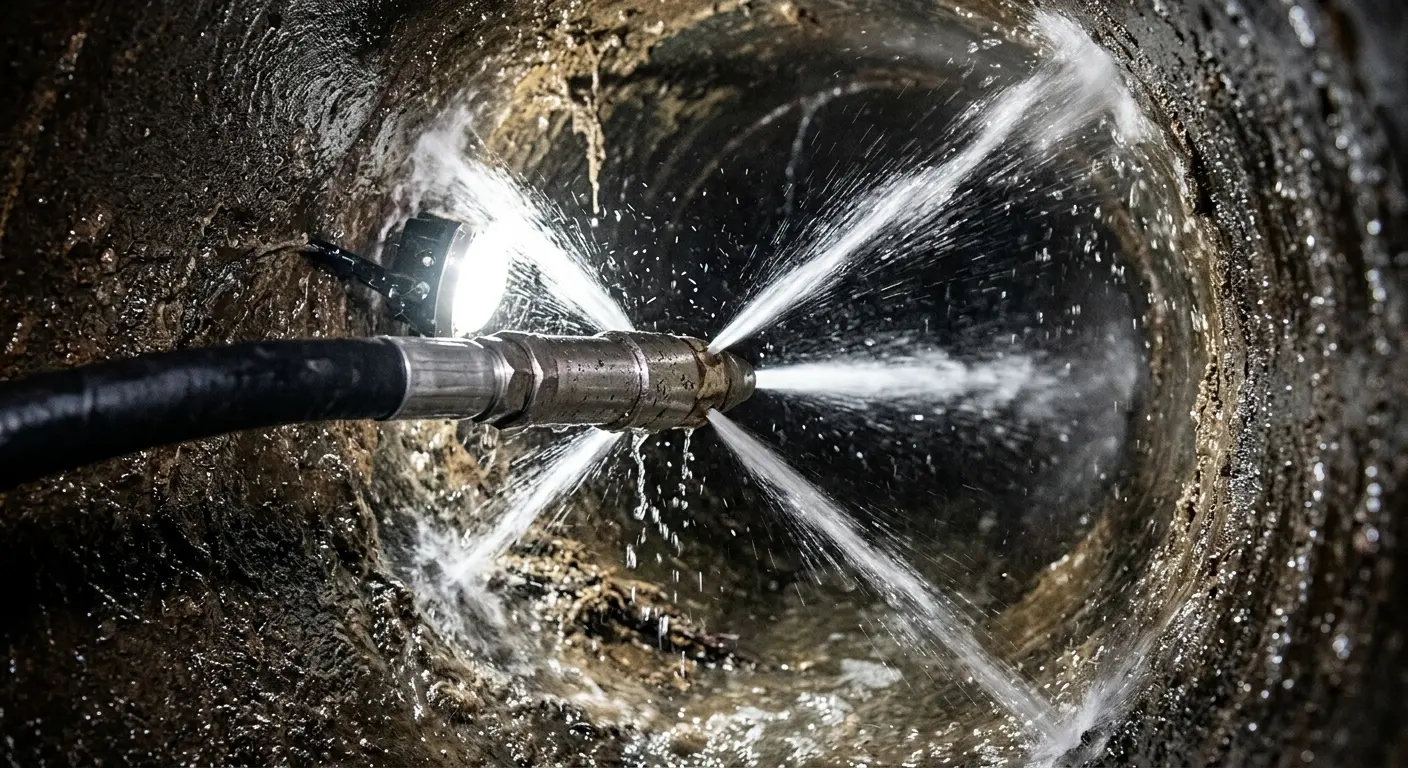 High-pressure hydro jetting nozzle cleaning sewer pipe for Sewer Cleanout in Lynn