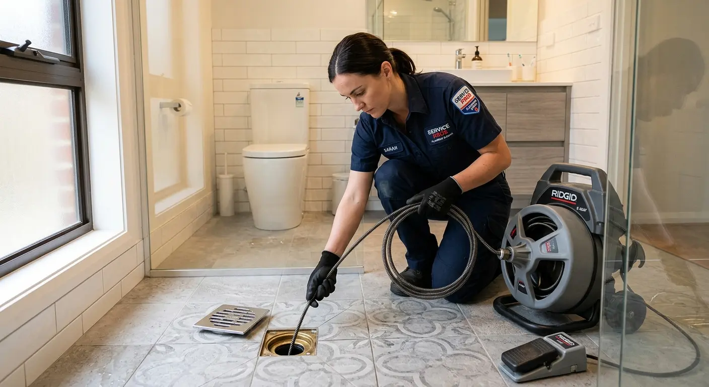 Technician clearing a bathroom floor drain for Drain Cleaning in Lynn